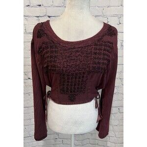 Fabulous Maroon Long Sleeve Boho Crop Button Back Top Free Size